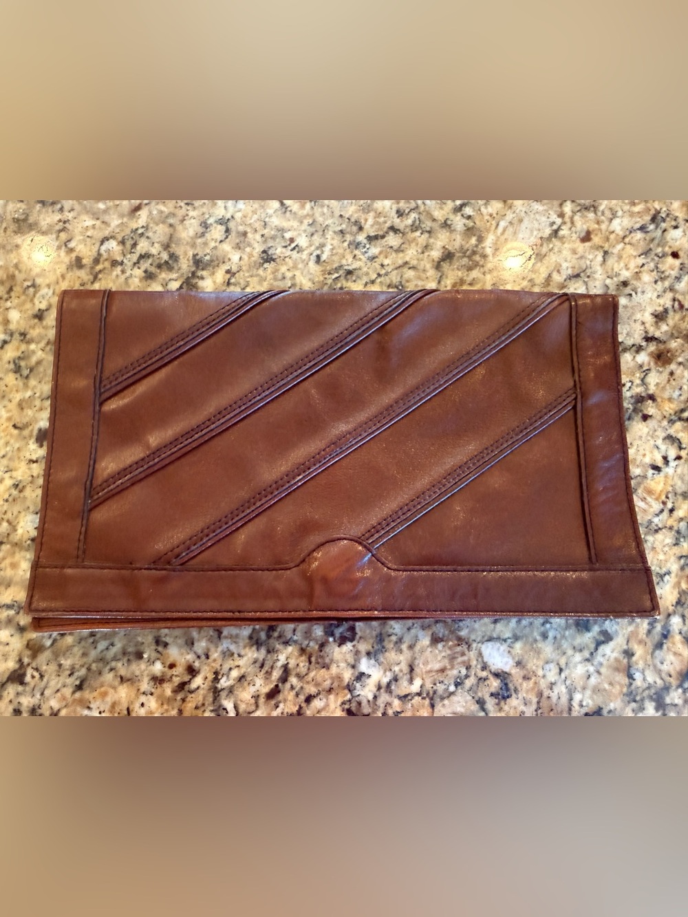 Vintage Brown Leather Diagonal-Stitched Clutch - exterior like new.